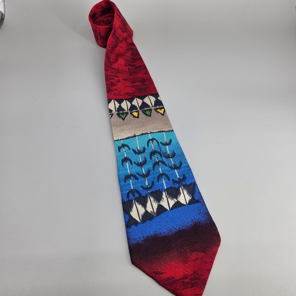 Albert Nipon Necktie Mens Silk Red Blue Geometric Southwestern Tribal Handmade
